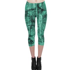 Biscay Green Black Textured Capri Leggings  by SpinnyChairDesigns