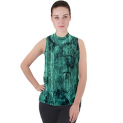 Biscay Green Black Textured Mock Neck Chiffon Sleeveless Top by SpinnyChairDesigns