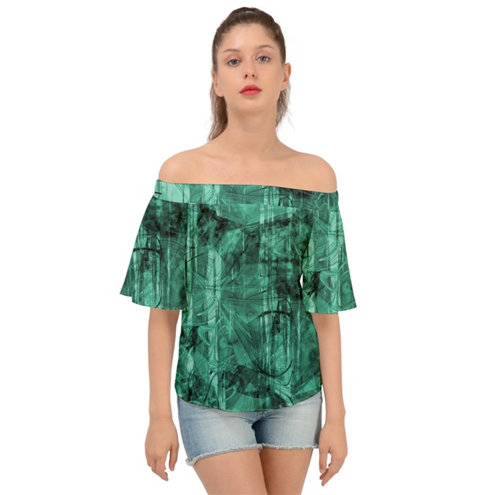 Biscay Green Black Textured Off Shoulder Short Sleeve Top