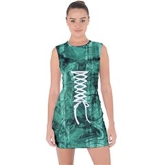 Biscay Green Black Textured Lace Up Front Bodycon Dress by SpinnyChairDesigns