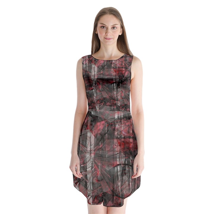 Red Black Abstract Texture Sleeveless Chiffon Dress  