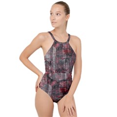 Red Black Abstract Texture High Neck One Piece Swimsuit by SpinnyChairDesigns