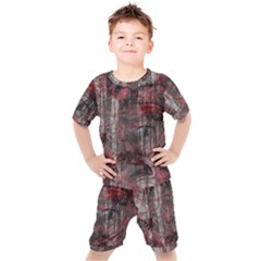 Red Black Abstract Texture Kids  Tee And Shorts Set by SpinnyChairDesigns