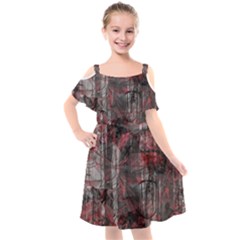 Red Black Abstract Texture Kids  Cut Out Shoulders Chiffon Dress by SpinnyChairDesigns