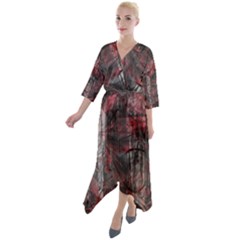 Red Black Abstract Texture Quarter Sleeve Wrap Front Maxi Dress by SpinnyChairDesigns