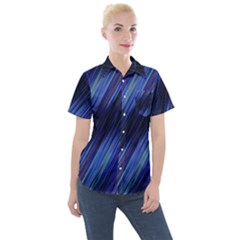 Indigo And Black Stripes Women s Short Sleeve Pocket Shirt