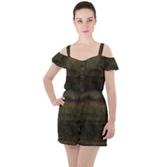 Army Green Grunge Texture Ruffle Cut Out Chiffon Playsuit by SpinnyChairDesigns