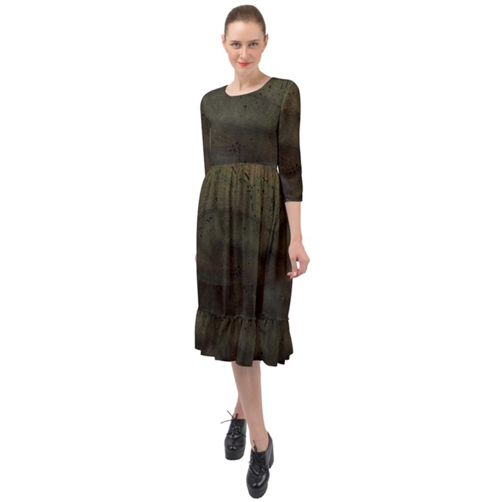 Army Green Grunge Texture Ruffle End Midi Chiffon Dress