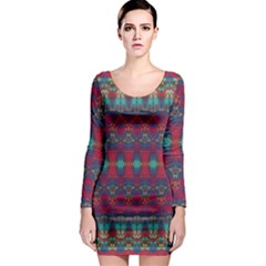 Boho Red Teal Pattern Long Sleeve Bodycon Dress by SpinnyChairDesigns