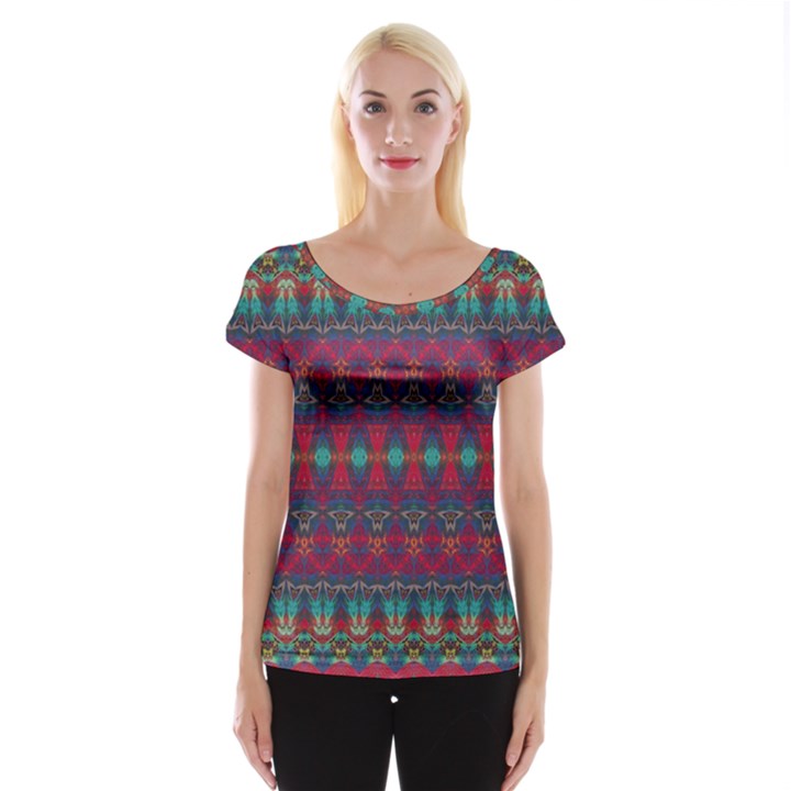 Boho Red Teal Pattern Cap Sleeve Top