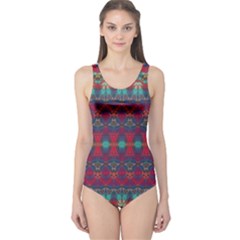 Boho Red Teal Pattern One Piece Swimsuit by SpinnyChairDesigns