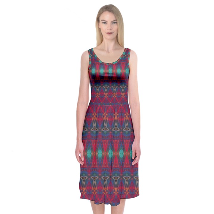 Boho Red Teal Pattern Midi Sleeveless Dress