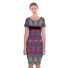 Boho Red Teal Pattern Classic Short Sleeve Midi Dress by SpinnyChairDesigns