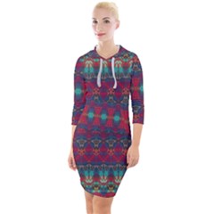 Boho Red Teal Pattern Quarter Sleeve Hood Bodycon Dress by SpinnyChairDesigns