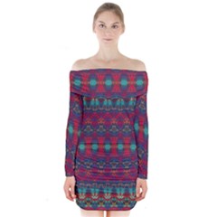 Boho Red Teal Pattern Long Sleeve Off Shoulder Dress by SpinnyChairDesigns