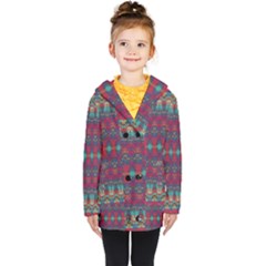 Boho Red Teal Pattern Kids  Double Breasted Button Coat by SpinnyChairDesigns