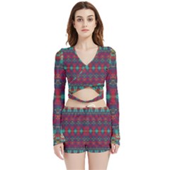 Boho Red Teal Pattern Velvet Wrap Crop Top