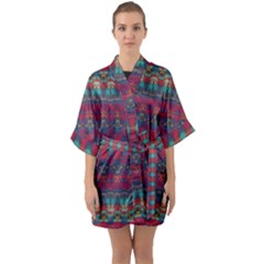 Boho Red Teal Pattern Half Sleeve Satin Kimono  by SpinnyChairDesigns