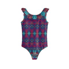 Boho Red Teal Pattern Kids  Frill Swimsuit by SpinnyChairDesigns