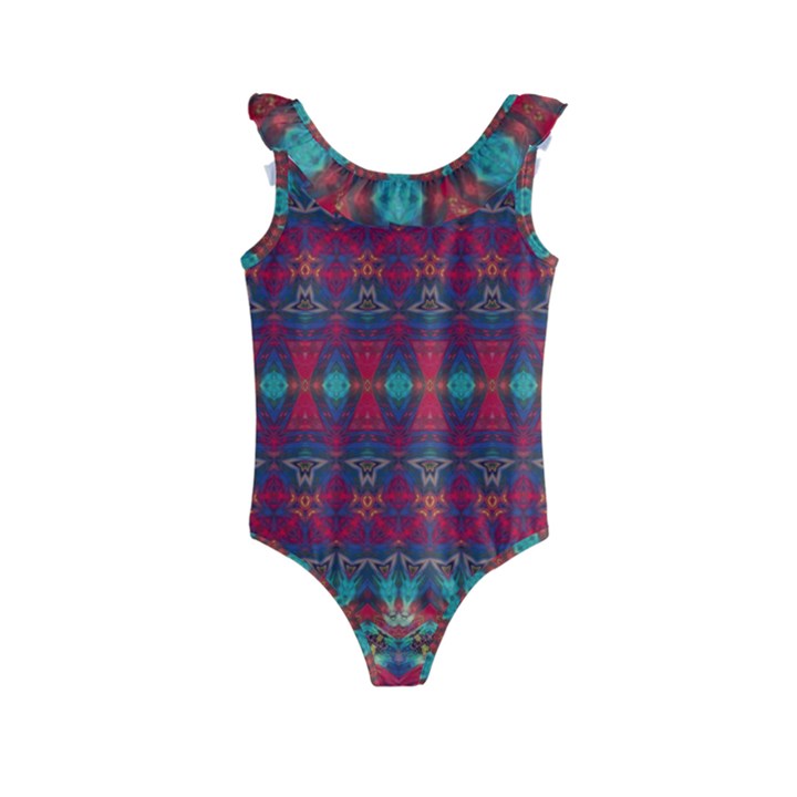 Boho Red Teal Pattern Kids  Frill Swimsuit