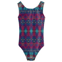 Boho Red Teal Pattern Kids  Cut-out Back One Piece Swimsuit by SpinnyChairDesigns