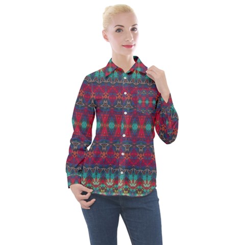 Boho Red Teal Pattern Women s Long Sleeve Pocket Shirt by SpinnyChairDesigns