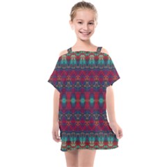 Boho Red Teal Pattern Kids  One Piece Chiffon Dress by SpinnyChairDesigns