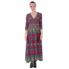 Boho Red Teal Pattern Button Up Maxi Dress by SpinnyChairDesigns