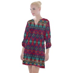 Boho Red Teal Pattern Open Neck Shift Dress