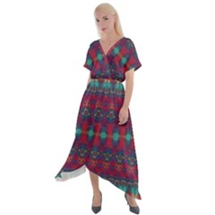 Boho Red Teal Pattern Cross Front Sharkbite Hem Maxi Dress by SpinnyChairDesigns