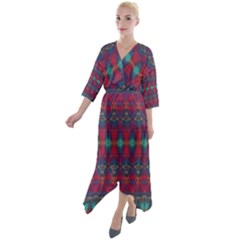 Boho Red Teal Pattern Quarter Sleeve Wrap Front Maxi Dress by SpinnyChairDesigns