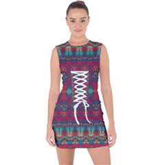 Boho Red Teal Pattern Lace Up Front Bodycon Dress by SpinnyChairDesigns