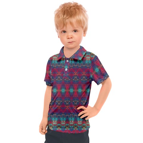 Boho Red Teal Pattern Kids  Polo Tee by SpinnyChairDesigns