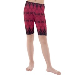 Boho Red Black Pattern Kids  Mid Length Swim Shorts by SpinnyChairDesigns