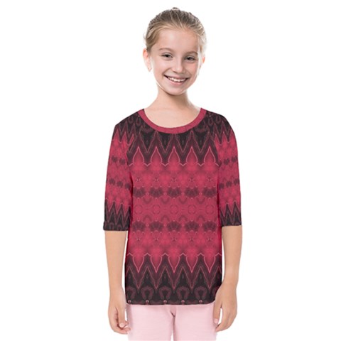 Boho Red Black Pattern Kids  Quarter Sleeve Raglan Tee by SpinnyChairDesigns