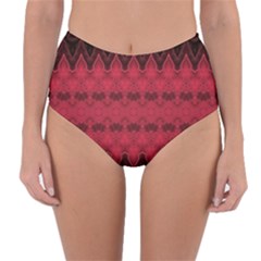 Boho Red Black Pattern Reversible High-waist Bikini Bottoms by SpinnyChairDesigns