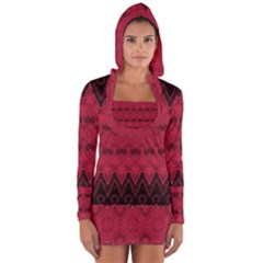 Boho Red Black Pattern Long Sleeve Hooded T-shirt by SpinnyChairDesigns