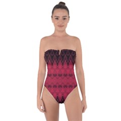 Boho Red Black Pattern Tie Back One Piece Swimsuit by SpinnyChairDesigns