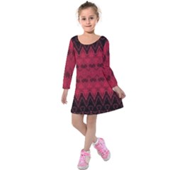 Boho Red Black Pattern Kids  Long Sleeve Velvet Dress by SpinnyChairDesigns