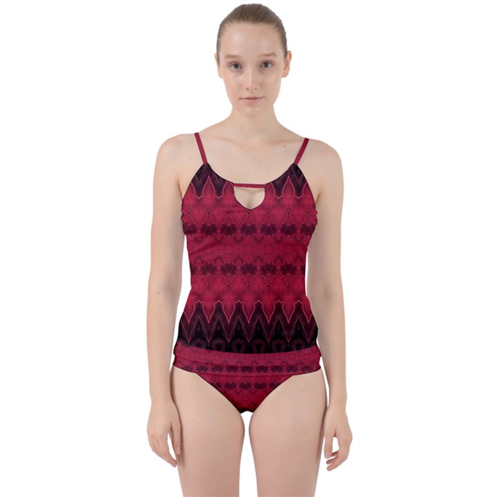 Boho Red Black Pattern Cut Out Top Tankini Set