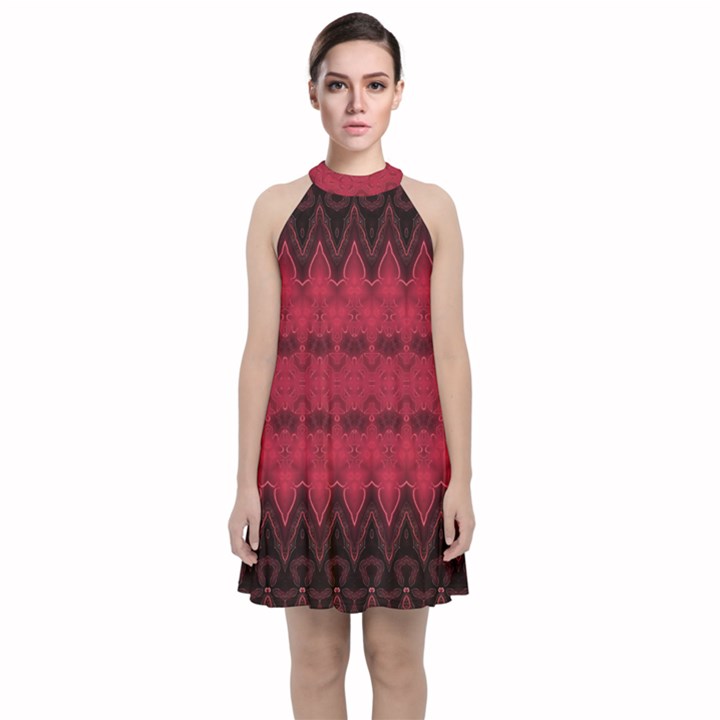 Boho Red Black Pattern Velvet Halter Neckline Dress 