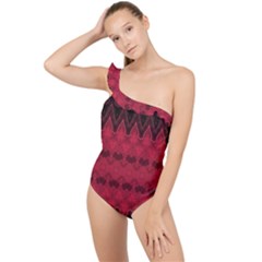 Boho Red Black Pattern Frilly One Shoulder Swimsuit by SpinnyChairDesigns