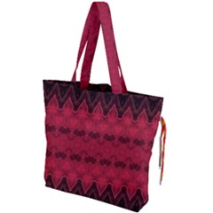 Boho Red Black Pattern Drawstring Tote Bag by SpinnyChairDesigns