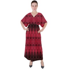 Boho Red Black Pattern V-neck Boho Style Maxi Dress by SpinnyChairDesigns