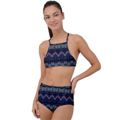 Boho Navy Teal Violet Stripes High Waist Tankini Set by SpinnyChairDesigns