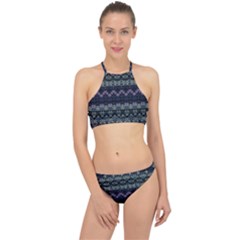 Boho Navy Teal Violet Stripes Racer Front Bikini Set by SpinnyChairDesigns