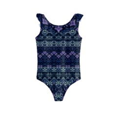 Boho Navy Teal Violet Stripes Kids  Frill Swimsuit by SpinnyChairDesigns