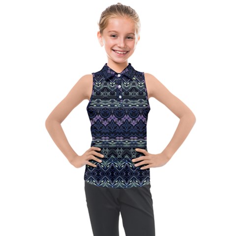 Boho Navy Teal Violet Stripes Kids  Sleeveless Polo Tee by SpinnyChairDesigns