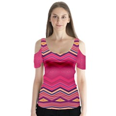 Boho Aztec Stripes Rose Pink Butterfly Sleeve Cutout Tee 