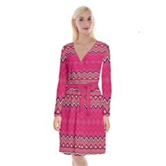 Boho Aztec Stripes Rose Pink Long Sleeve Velvet Front Wrap Dress by SpinnyChairDesigns